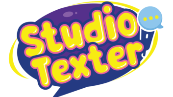 Logo of the StudioTexter service with whiimsical yellow letters against a purple text balloon background