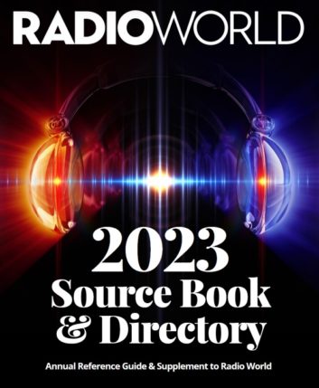 Cover of Radio World 2023 Source Book & Directory with a stylized image of headphones with a stylized audio wave between the two earcups