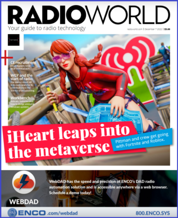 Cover of Radio World Dec. 7 issue showing a female avatar in the iHeartLand virtual world