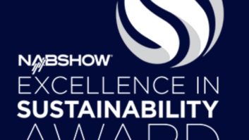 Logo of NAB Excellence in Sustainability Award program, white and grey letters on bluce background with a circular swirly logo