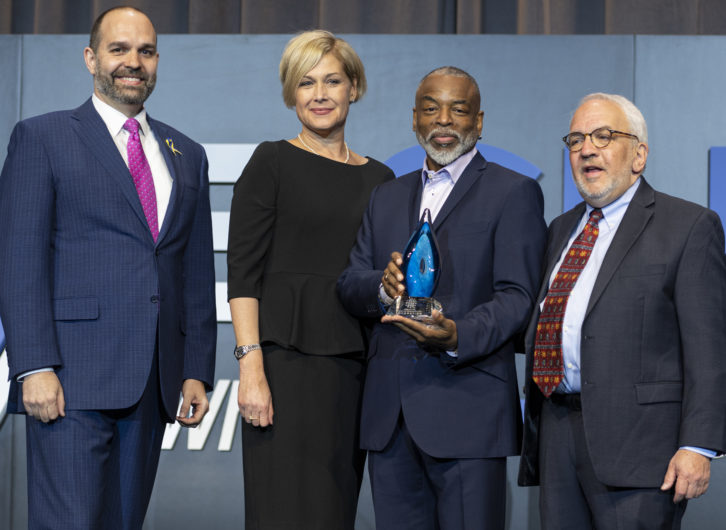 At the spring show, LeGeyt joined Library of American Broadcasting Foundation Co-Chairs Heidi Raphael and Jack Goodman in presenting the inaugural Insight Award to LeVar Burton, second from right, for his contributions to broadcasting, history and American culture. (Photo by Jim Peck)
