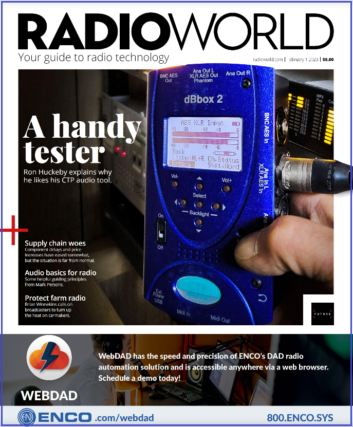 Cover of Radio World's Feb 1, 2023 issue with a photo of a CTP Systems audio tester