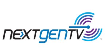 Logo for NextGen TV with black and blue letters and a concept figure suggesting transmission 