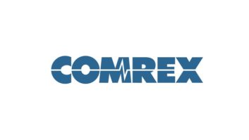Comrex logo with the company name in blue on a white background and an artistic representation of an audio wave through it