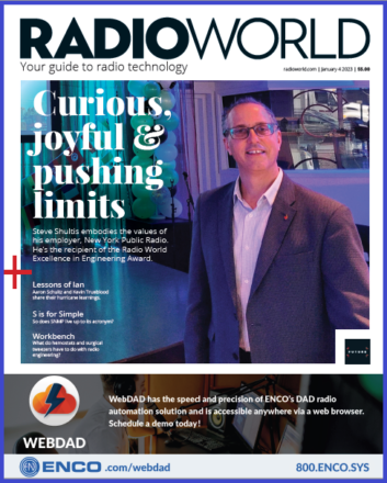 Cover of Radio World's January 4 issue with a photo of Steve Shultis in the live performance space of New York Public Radio