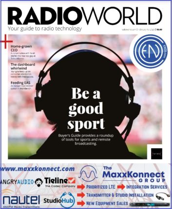 Cover of Radio World Feb. 15 issue with a cover story headlined "Be a Good Sport" and a silhouette of a broadcast announcer looking out over a sports field.