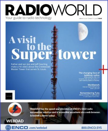 Cover of Radio World March 1 2023 issue showing an eight-bay FM master antenna atop a tower, with the moon in the background