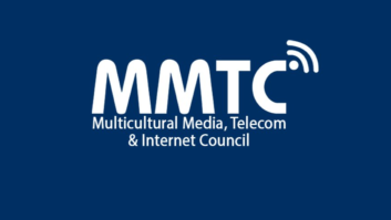Logo of the Multicultural Media, Telecom and Internet Council, white text on blue background