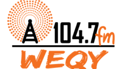 WEQY Radio logo with black and orange letters and a concept image of a radio tower