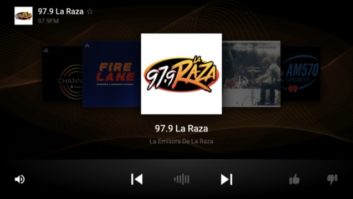 Radio screen showing logo of "97.9 La Raza," an SBS station, deployed by DTS AutoStage