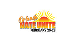 logo of the 2023 NATE UNITE conference, with the name in orange and red, and a sun coming up behind it