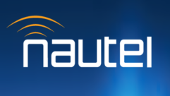 Nautel company logo, with the name in lowercase white letters against a blue background, and with a concept image of radio or audio waves emanating from the top of the letter "N"