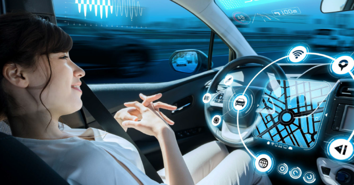Concept image of a young woman in a self-driving car, with icons of various forms of media including audio floating around here