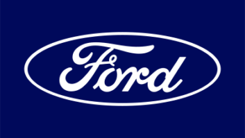 Logo of Ford Motor Company, with the word Ford in a stylized font within an oval, against a blue background