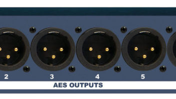 The rear panel of the Broadcast Tools AES DA 1x6 Distribution Amplifier, showing its input and output connectors