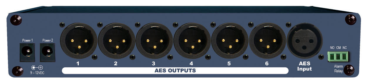The rear panel of the Broadcast Tools AES DA 1x6 Distribution Amplifier, showing its input and output connectors