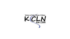 Logo of station KCLN with black letters and the slogan "Voice of the River Cities"