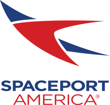 Logo of Spaceport America, a highly stylized rocket ship shape in blue and red