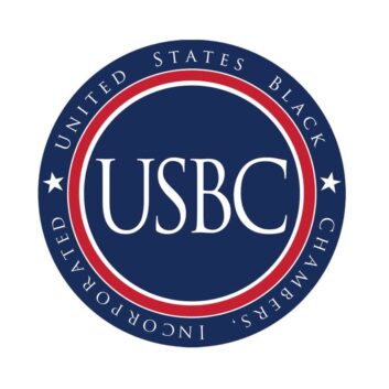 Logo of U.S. Black Chambers Inc., a blue circle with white text with the name of the organization