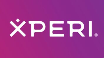 Xperi logo, white letters on a purple background, with the letter X suggesting the body of a human