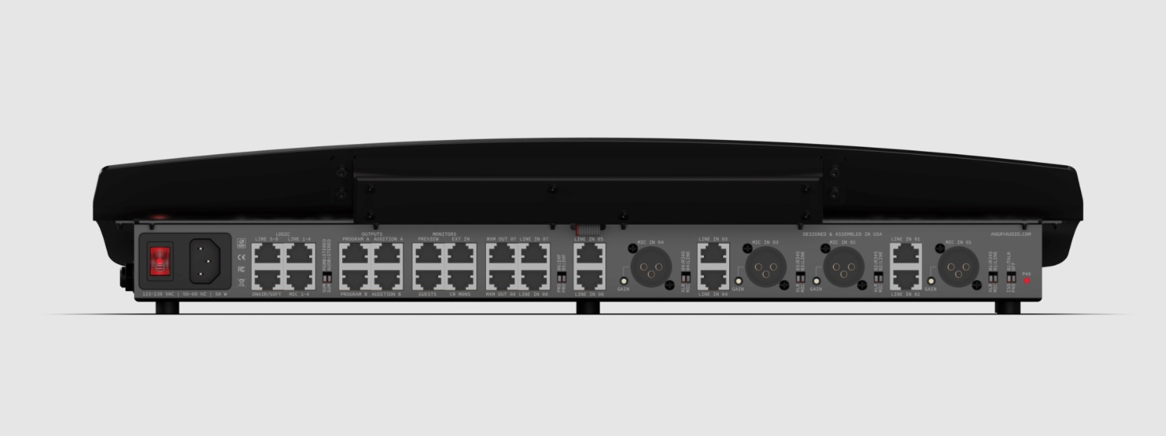 An artist's conception drawing of the rear panel of the Angry Audio Rave mixing console