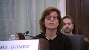 Anna Gomez appears in a streamed video of her confirmation hearing on Capitol Hill
