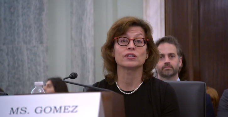 Anna Gomez appears in a streamed video of her confirmation hearing on Capitol Hill