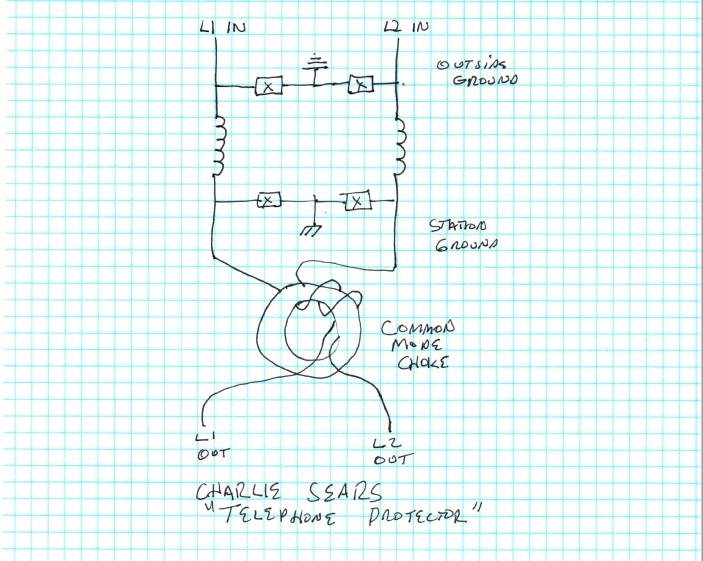 Hand-drawn schematic for telco line protector by Charlie Sears