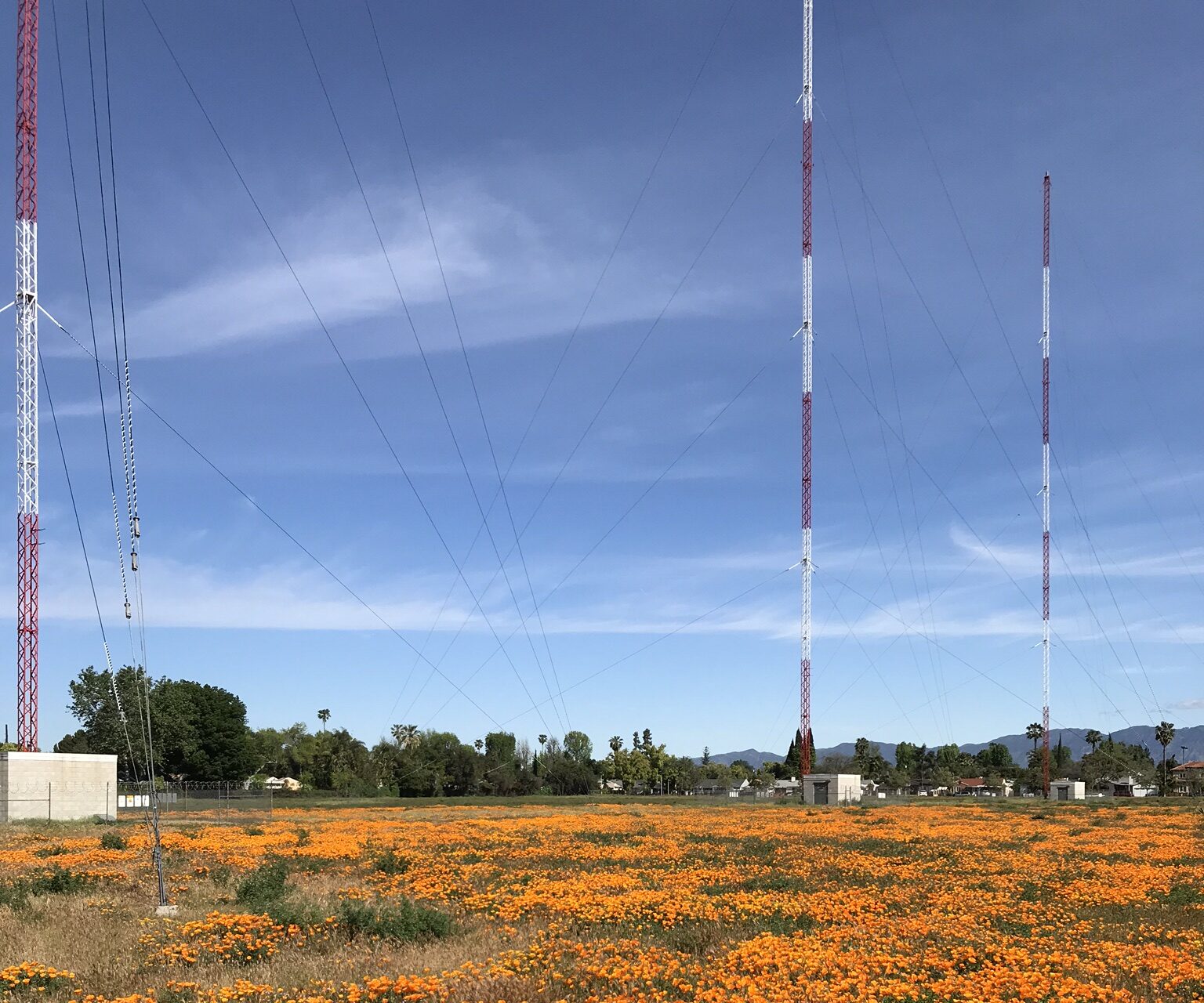 The base of the three-tower array in the Valley Village section of Los Angeles. It was home to 710 AM for 80 years. Credit: Mike Worrall