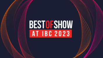 Logo of the Best of Show Award program for IBC 2023, with the name in white and red, centered on a black and red background