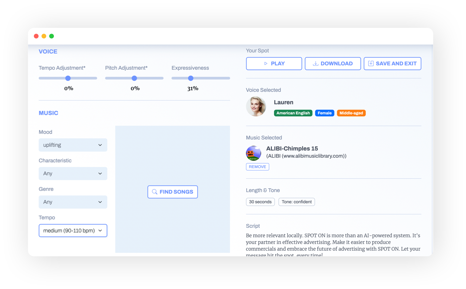 A screenshot from the Futuri website showing a user dashboard during creation of a sample spot using AI