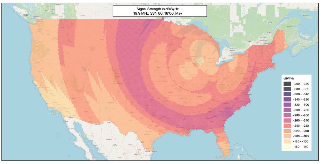 A map of projected coverage of a hypothetical transmitter in Chicago sending data eastward, from the technical presentation of the Shortwave Modernization Coalition.