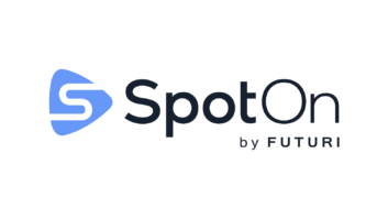 Logo for the SpotOn product from Futuri with a white letter S against a blue triangular background