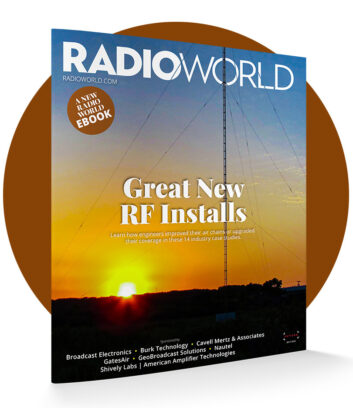 Photo of the cover of a Radio World ebook with a tower and sunset