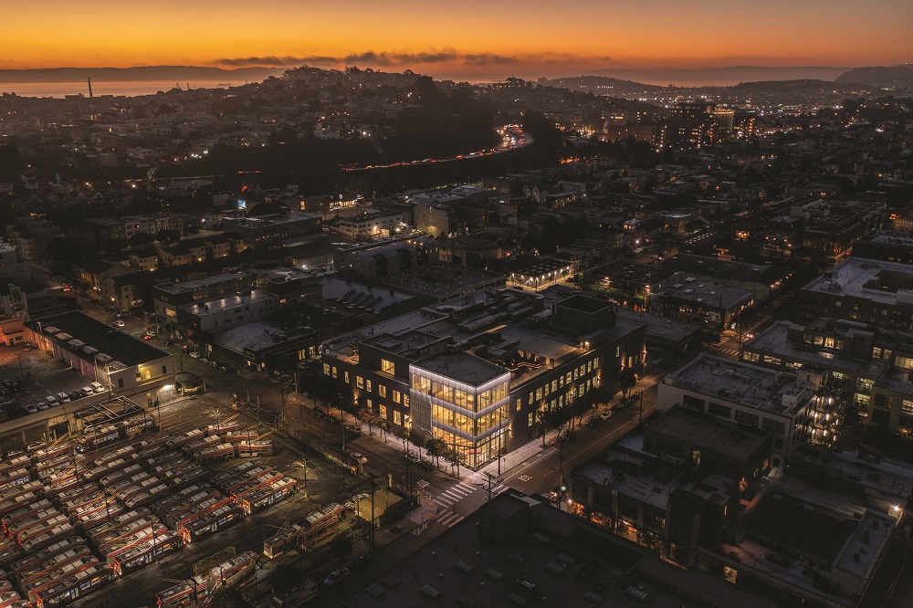 Aerial view of KQED building and surrounding neighborhood at dusk. Photo by Jason O'Rear