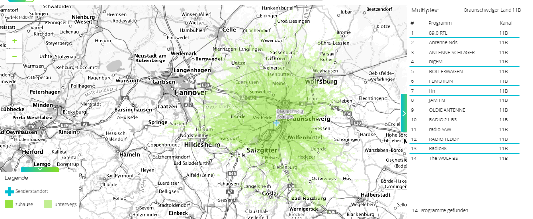 Map showing signal strength coverage of the local DAB+ multiplex in Braunschweig, Germany