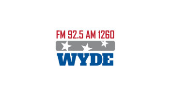 Logo of radio station WYDE in red, white and blue