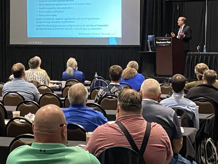 Attorney David Oxenford speaks from the podium to a room full of engineers at the 2023 Broadcasters Clinic in Madison, Wis.