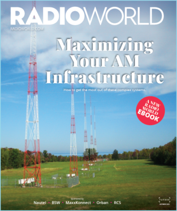 Radio World ebook cover Maximizing Your AM Infrastructure, showing the towers of a directional AM radio station against a blue sky