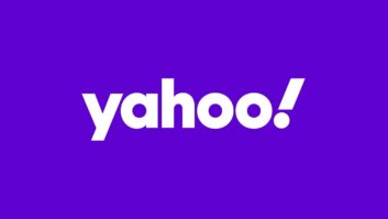 Yahoo logo, white letters on purple background