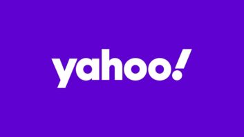 Yahoo logo, white letters on purple background