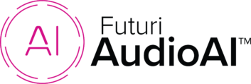 Logo for Futuri AudioAI, with the letters AI in red within a red circle against a white background