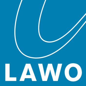 Lawo company logo, two white swooshes on a blue background and the word Lawo in white letters