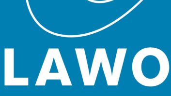 Lawo company logo, two white swooshes on a blue background and the word Lawo in white letters