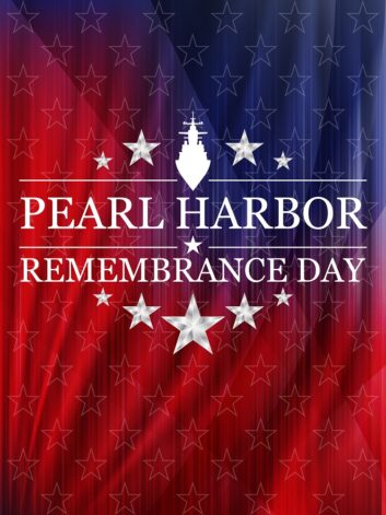 Artwork noting Pearl Harbor Remembrance Day, with the silhouette of a battleship and white stars and letters against a red and blue backdrop