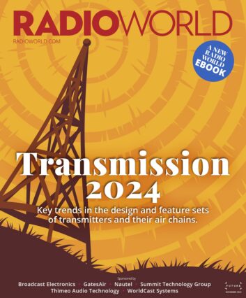 The latest Radio World ebook cover features a concept image of a broadcast tower with transmission waves being emitted