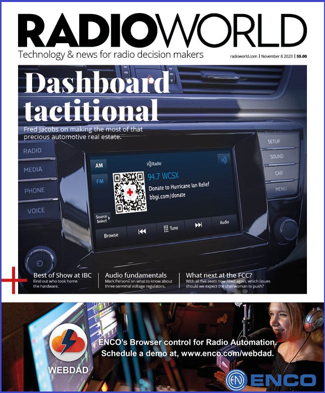 The cover of Radio World's Nov. 8, 2023 edition with a photo of a radio display on a modern car dashboard, featuring metadata from radio station WCSX that encourages listeners to donate to hurricane relief