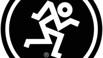 Mackie logo, the white stick figure of a human, running against a black background