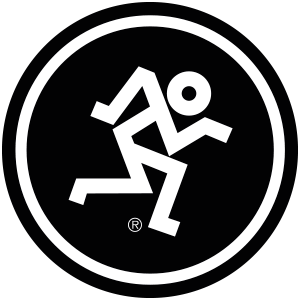 Mackie logo, the white stick figure of a human, running against a black background