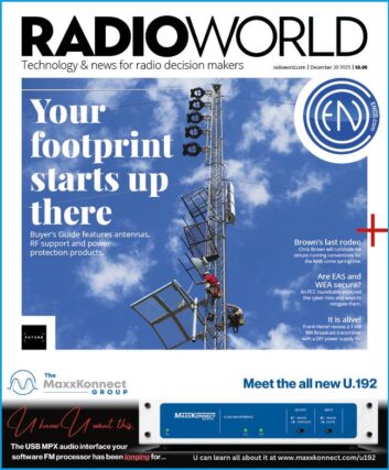 Cover of Radio World Dec 20 2023 with photo of two men climbing a tower toward a multi-bay FM antenna